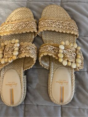 Sam Edelman Braided Bead-Embellished Slide Sandals in Natural Beige size 10